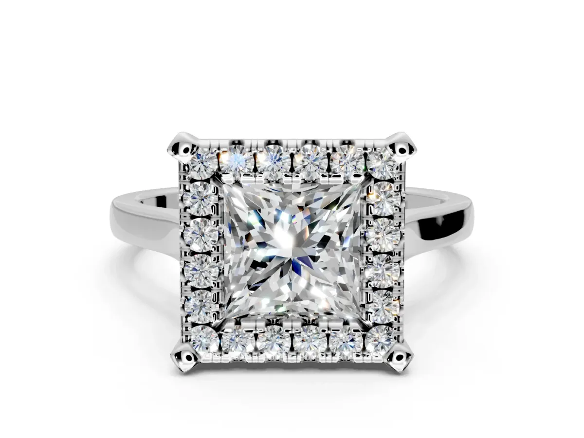 Single Halo Engagement Ring Setting for Princess Cut Center with Corner Claws, Plain Band and Prong Head in White Gold