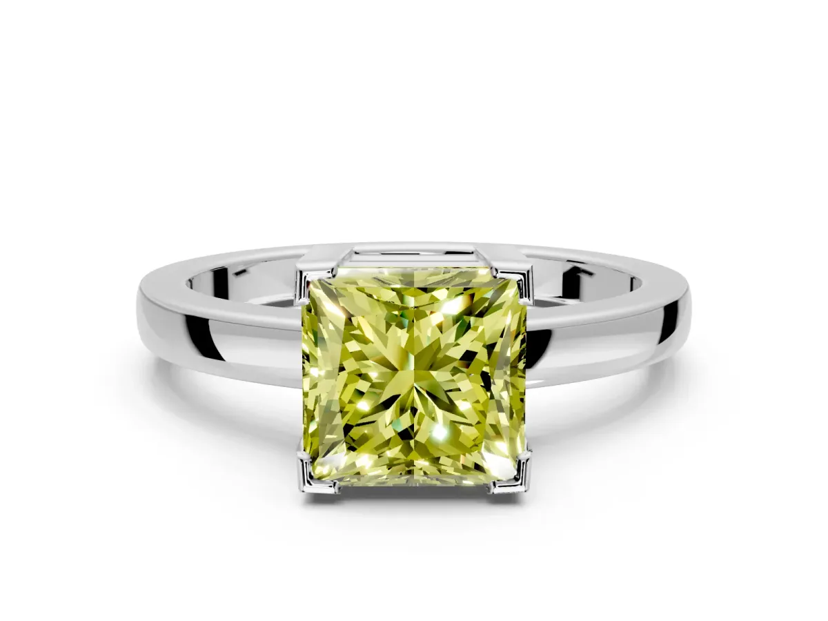 Solitaire Engagement Ring Setting for Fancy Yellow Princess Cut Center with Plain Band and Flat Tab Prong Head in Sterling Silver