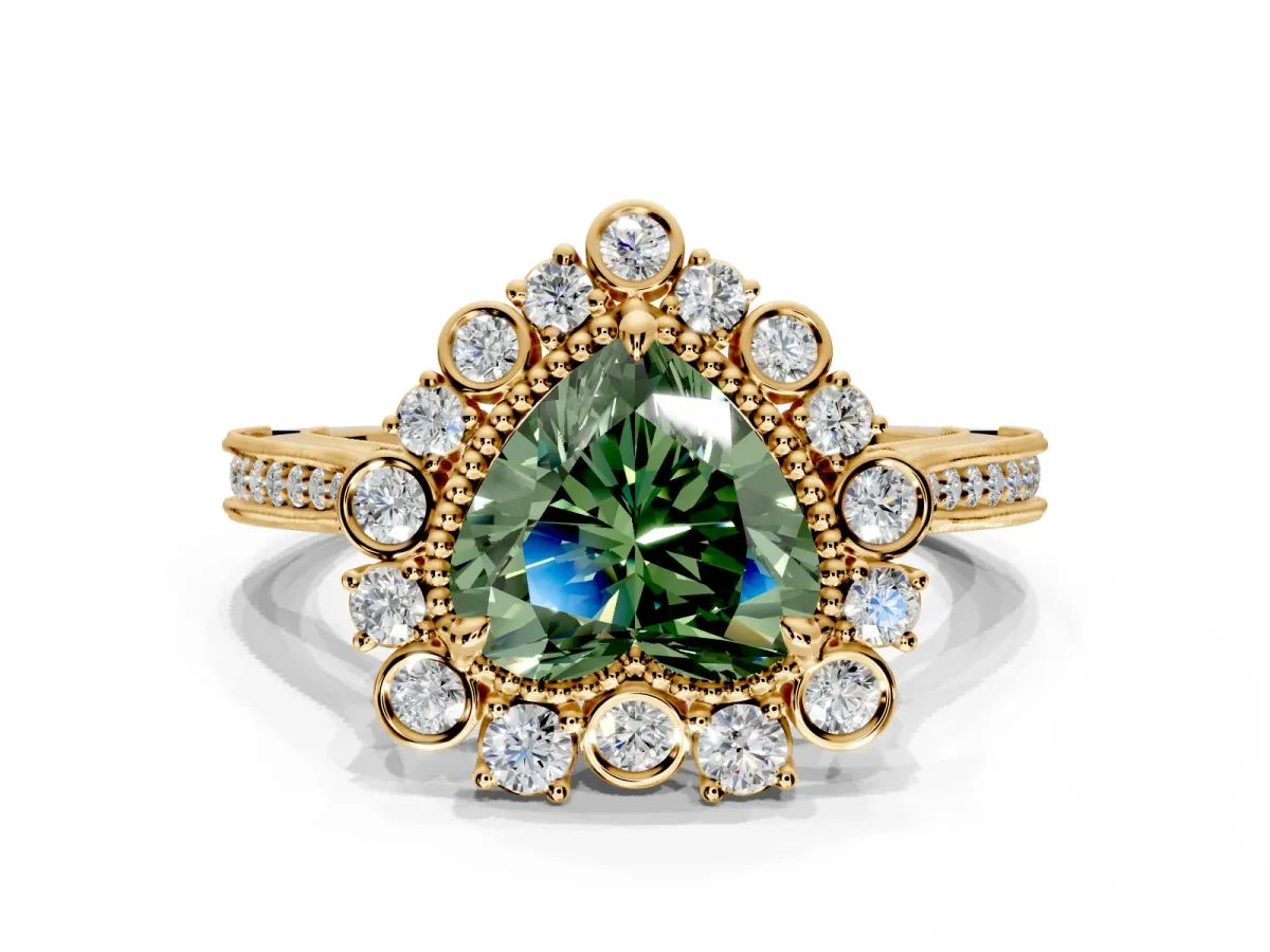 Milgrain Halo Engagement Ring Setting for Fancy Green Heart-Shaped Center with Bezel Point Accents and Prong Head in Yellow Gold