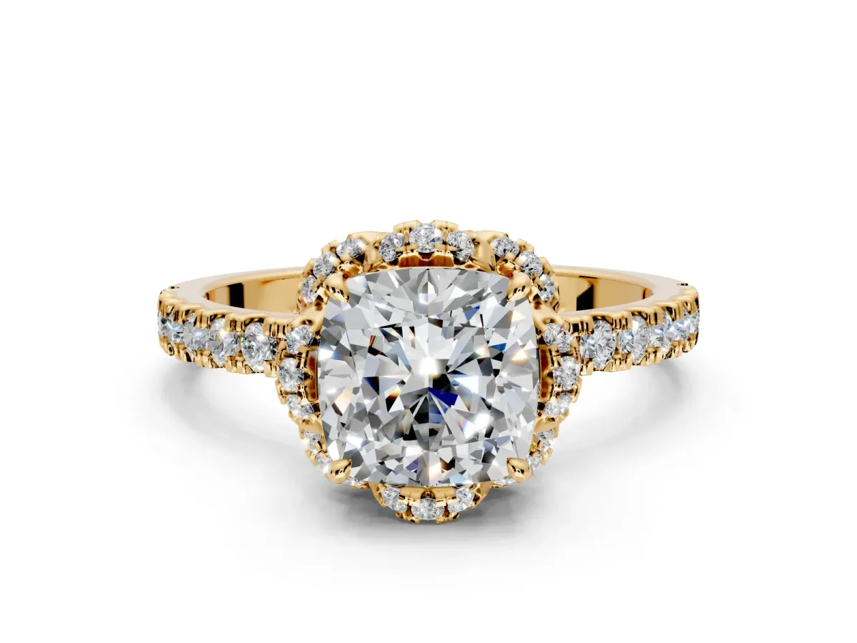 Halo Engagement Ring Setting for Cushion Cut Center with Openwork Halo, Pave Band and Prong Head in Yellow Gold