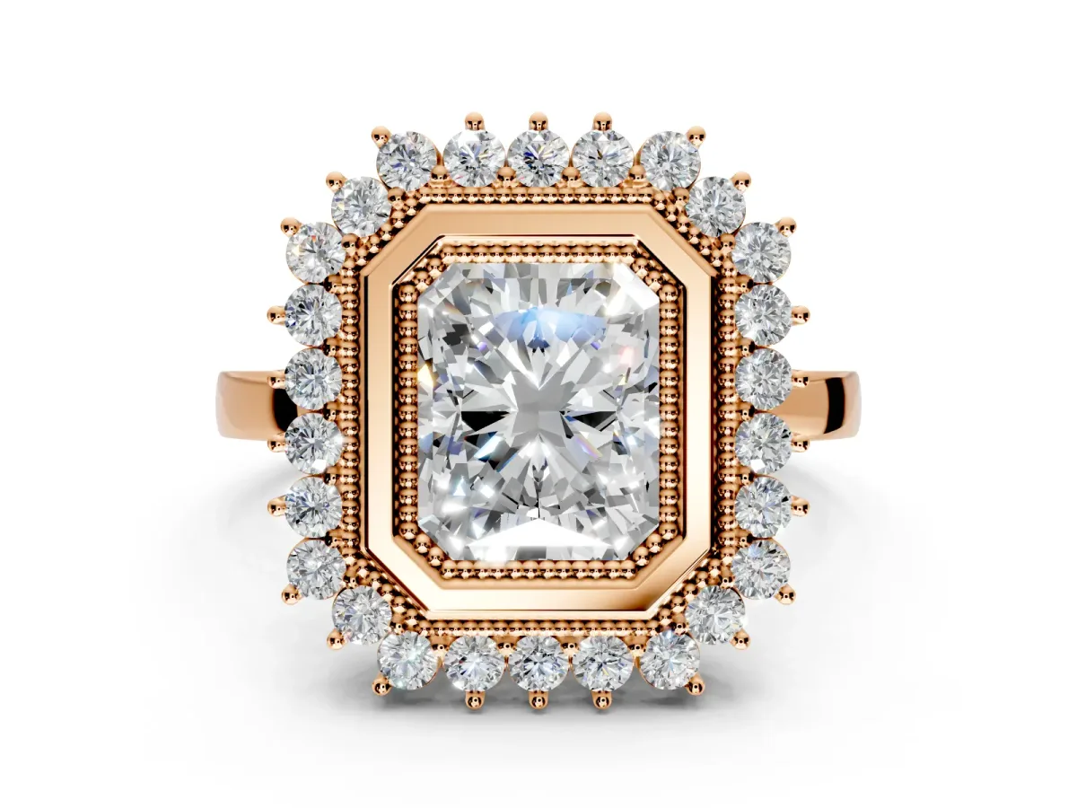 Halo Engagement Ring Setting for Radiant Cut Center with Milgrain Bezel Rim, Plain Band and Prong Head in Rose Gold