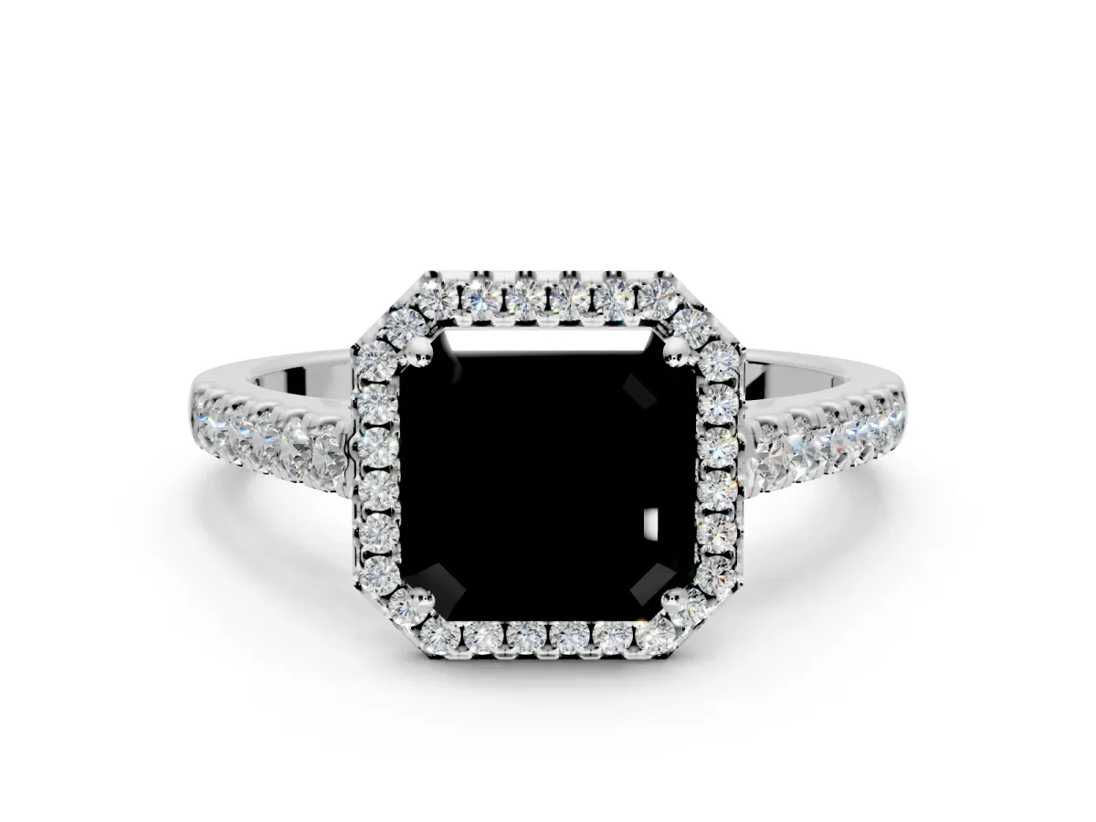 Halo Engagement Ring Setting for Fancy Black Asscher Cut Center with Narrowing Pave Band and Prong Head in Sterling Silver