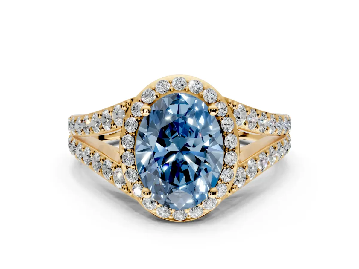 Halo Engagement Ring Setting for Fancy Blue Oval Center with Narrow Pave Split Shank and Prong Head in Yellow Gold