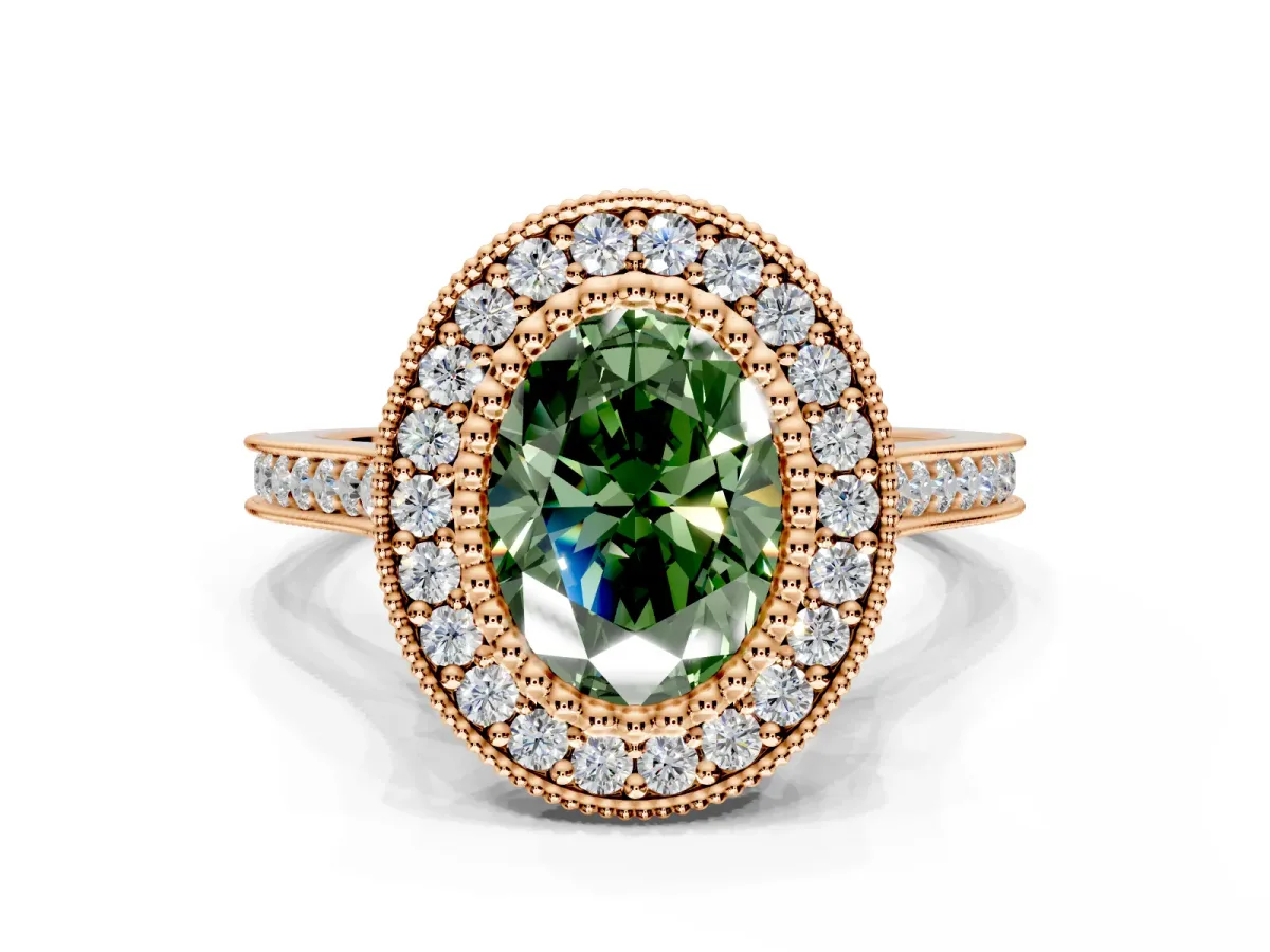Halo Engagement Ring Setting for Fancy Green Oval Center with Milgrain Frame, Pave Band and Prong Head in Rose Gold