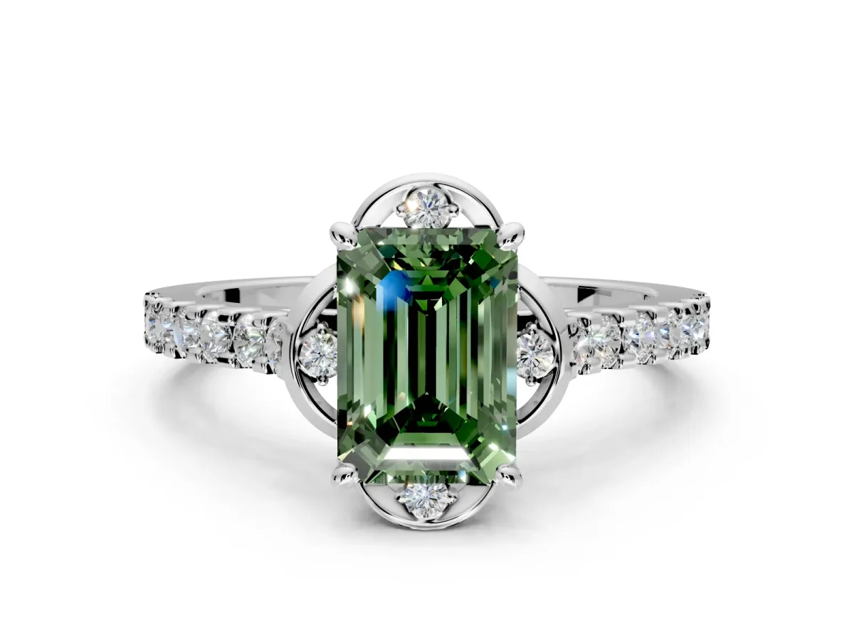 Floral Engagement Ring Setting for Fancy Green Emerald Cut Center with Pave Band and Floral Prong Head in White Gold