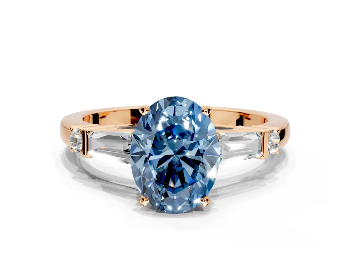 Bar-Set Engagement Ring Setting for Fancy Blue Oval Center with Tapered Baguette Accents and Prong Head in Rose Gold