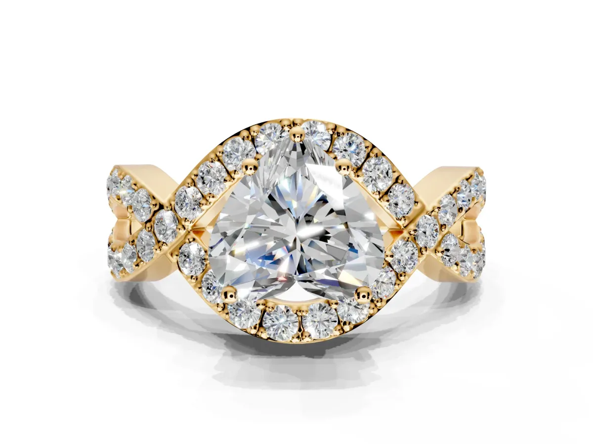 Halo Engagement Ring Setting for Heart-Shaped Center with Pave Infinity Twist Band and Prong Head in Yellow Gold
