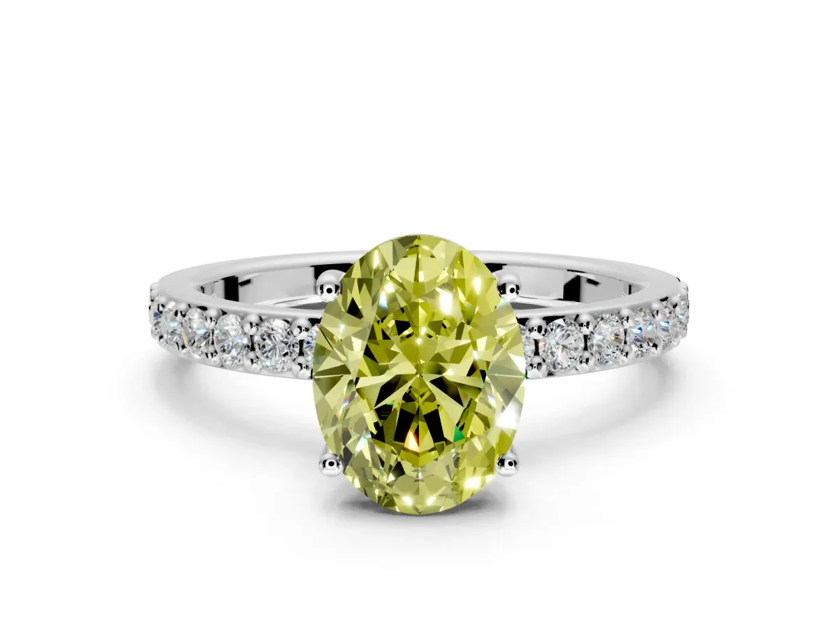 Solitaire Engagement Ring Setting for Fancy Yellow Oval Center with Round Cut Pave Band and Prong Head in Platinum