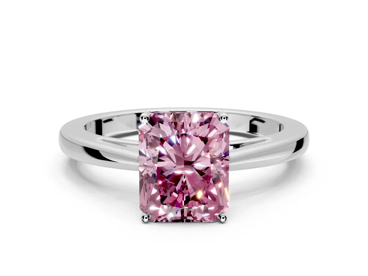 Solitaire Engagement Ring Setting for Fancy Pink Radiant Cut Center with Open Cathedral Shoulders and Prong Head in Platinum