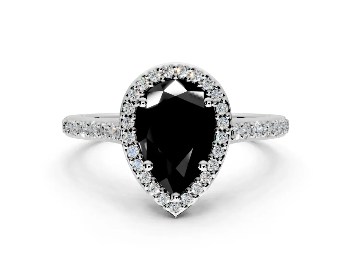 Halo Engagement Ring Setting for Fancy Black Pear-Shaped Center with Pave Accents, Heart Basket and Prong Head in Platinum