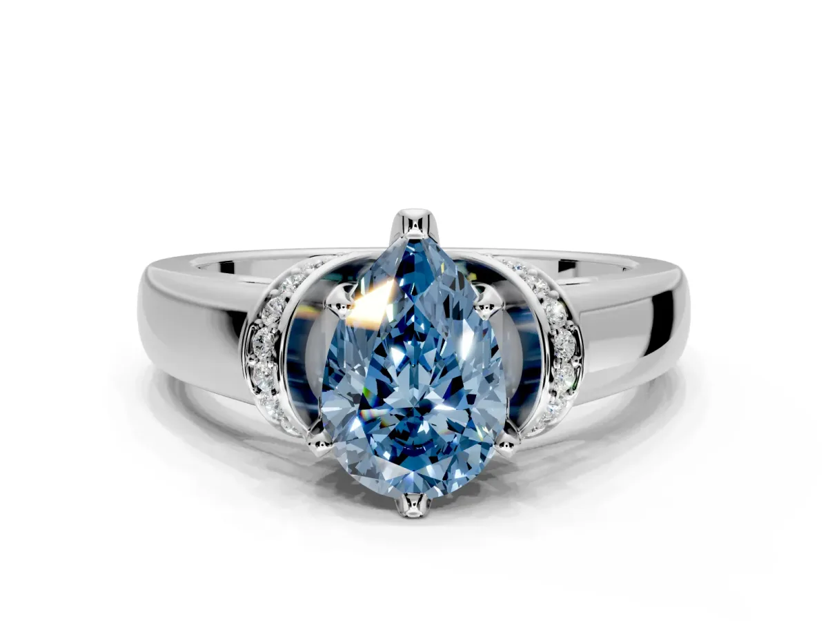 Solitaire Engagement Ring Setting for Fancy Blue Pear-Shaped Center with Wide Band, Pave Collar and Prong Head in Platinum