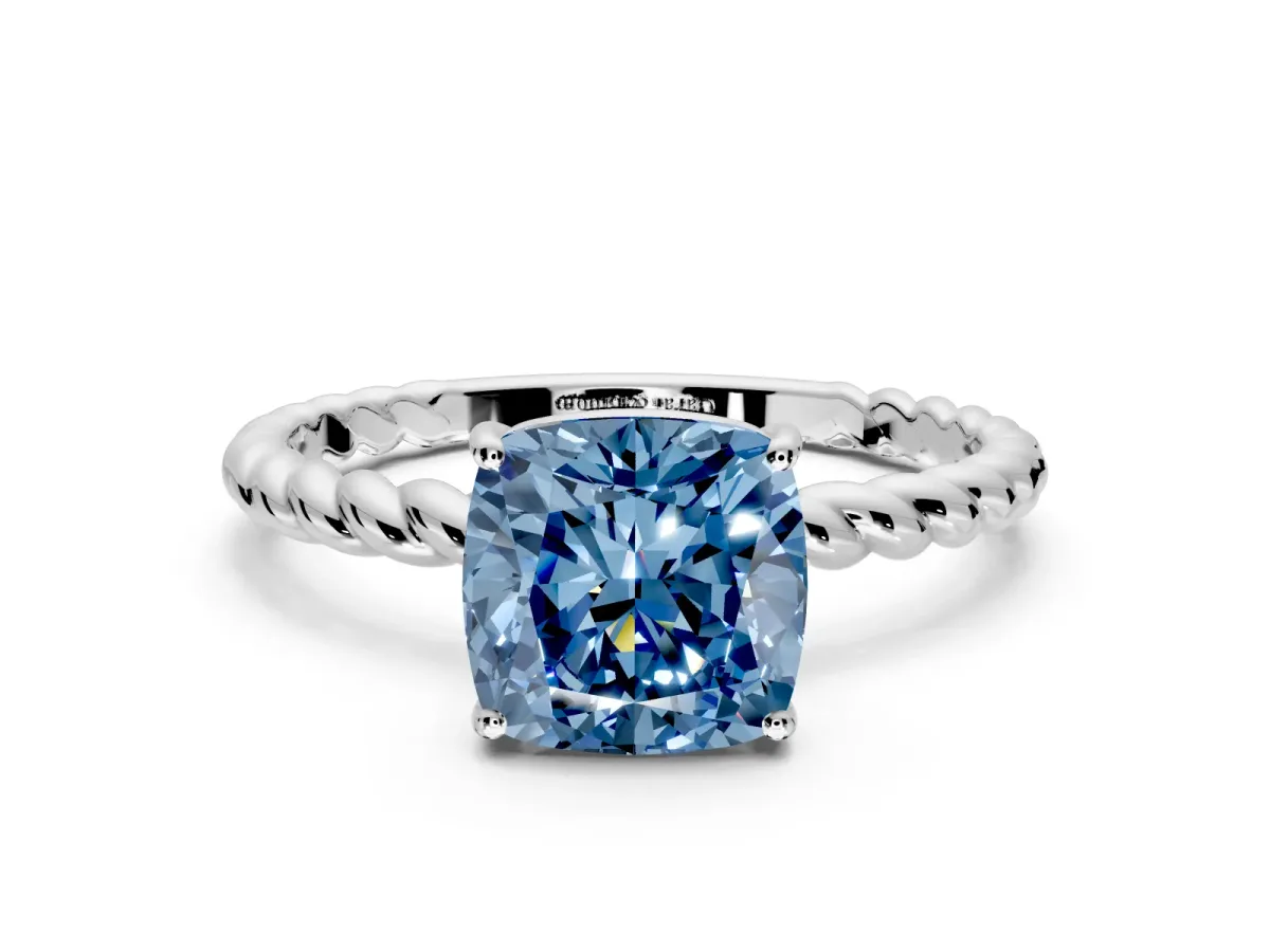 Solitaire Engagement Ring Setting for Fancy Blue Cushion Cut Center with Plain Twisted Rope Band and Prong Head in White Gold