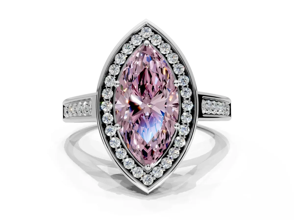 Halo Engagement Ring Setting for Fancy Pink Marquise Center with Outer Bezel Rim, Pave Band and Prong Head in White Gold