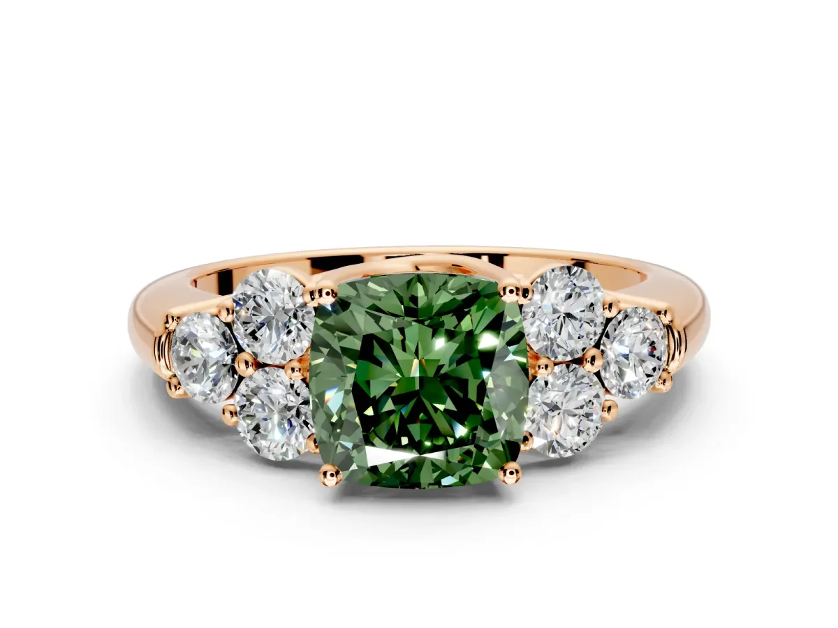 Cluster Engagement Ring Setting for Fancy Green Cushion Cut Center with Round Cut Accent Frame and Prong Head in Rose Gold
