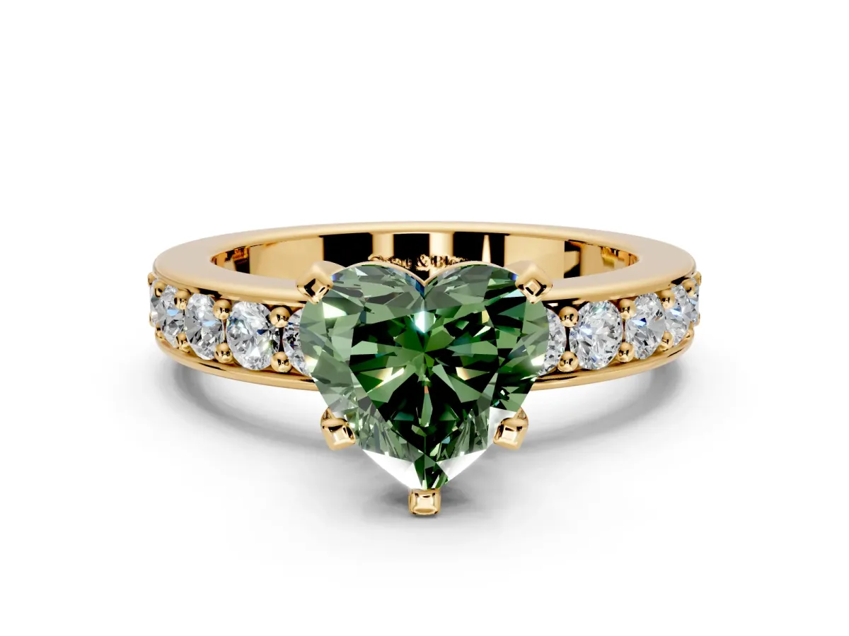 Solitaire Engagement Ring Setting for Fancy Green Heart-Shaped Center with Channel-Set Accents and Prong Head in Yellow Gold