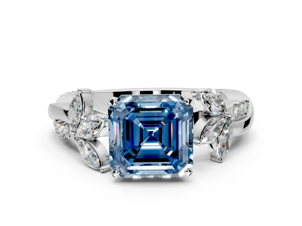 Floral Engagement Ring Setting for Fancy Blue Asscher Cut Center with Trailing Marquise Accents and Prong Head in White Gold