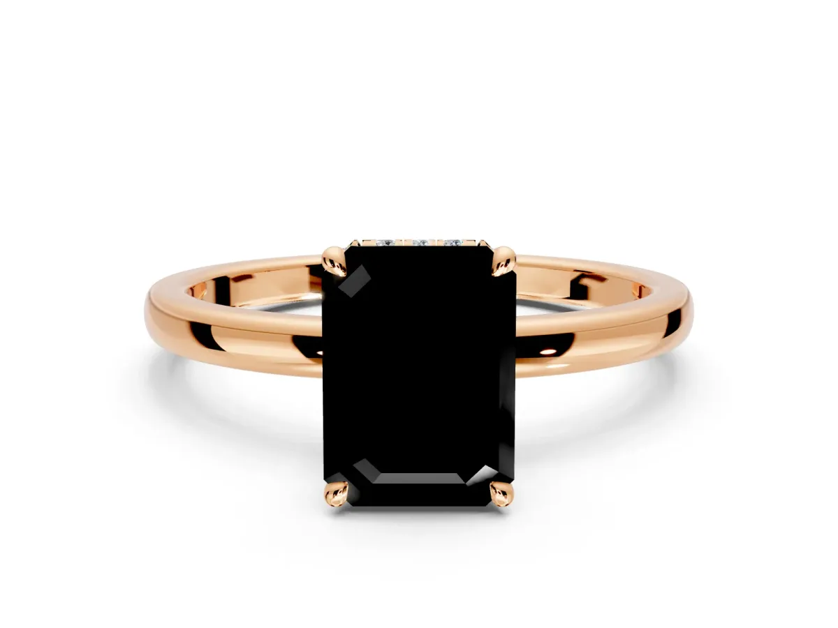 Hidden Halo Engagement Ring Setting for Fancy Black Emerald Cut Center with Plain Band and Tall Prong Head in Rose Gold