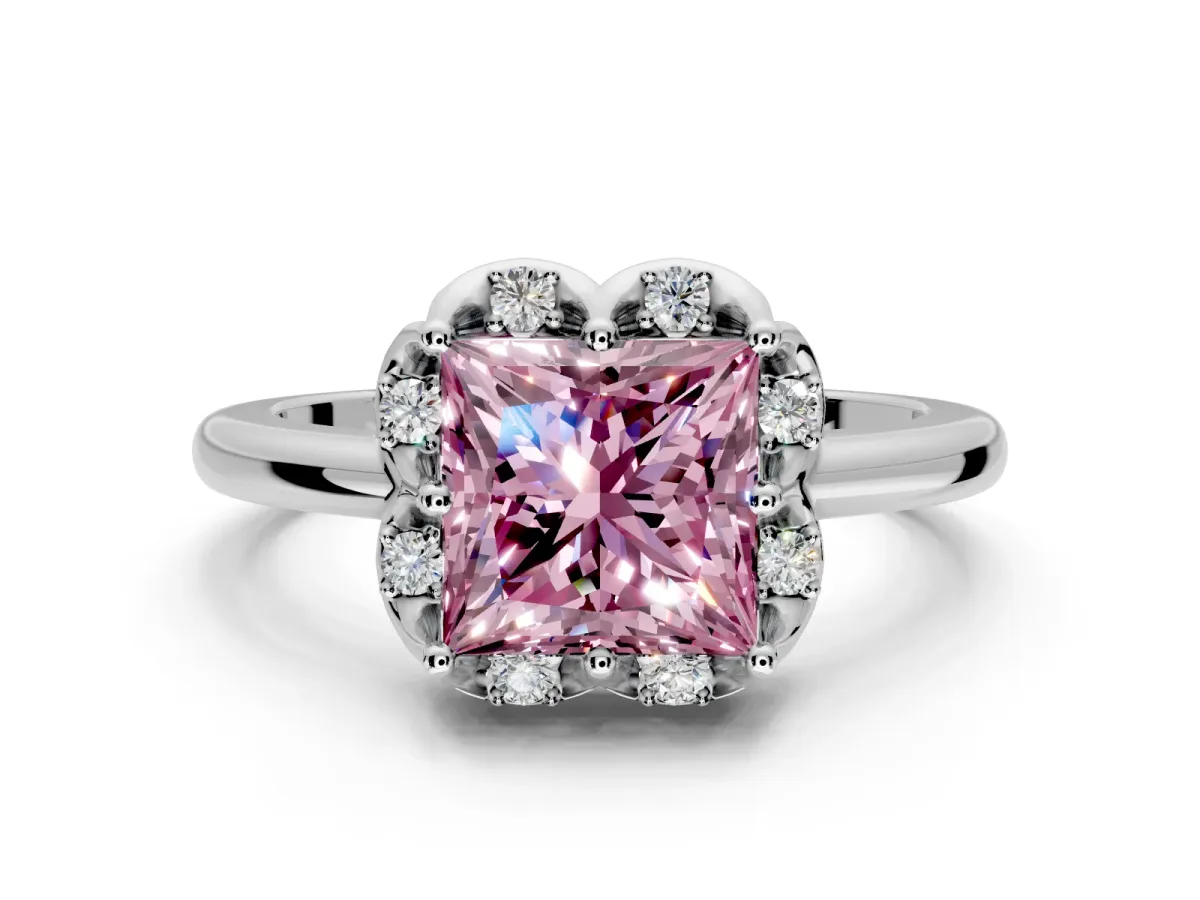 Floral Frame Engagement Ring Setting for Fancy Pink Princess Cut Center with Accent Clusters and Prong Head in Platinum
