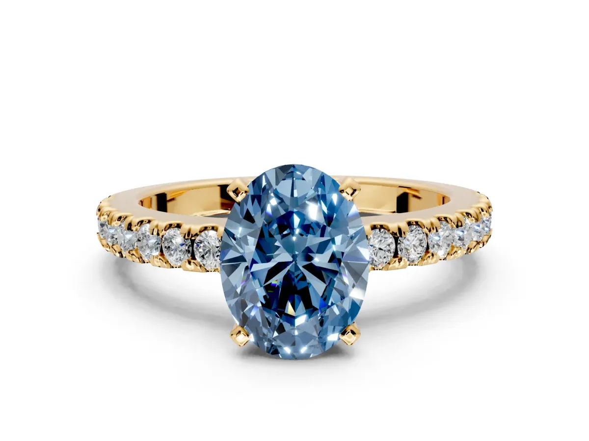 Solitaire Engagement Ring Setting for Fancy Blue Oval Center with Single Row Accent Band and Prong Head in Yellow Gold