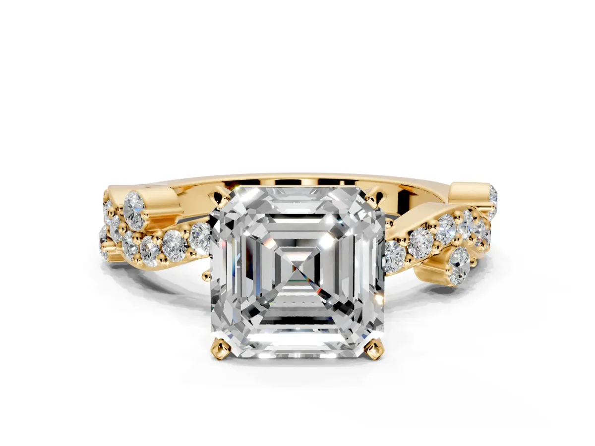 Solitaire Engagement Ring Setting for Asscher Cut Center with Bar-Station Pave Twist and Prong Head in Yellow Gold