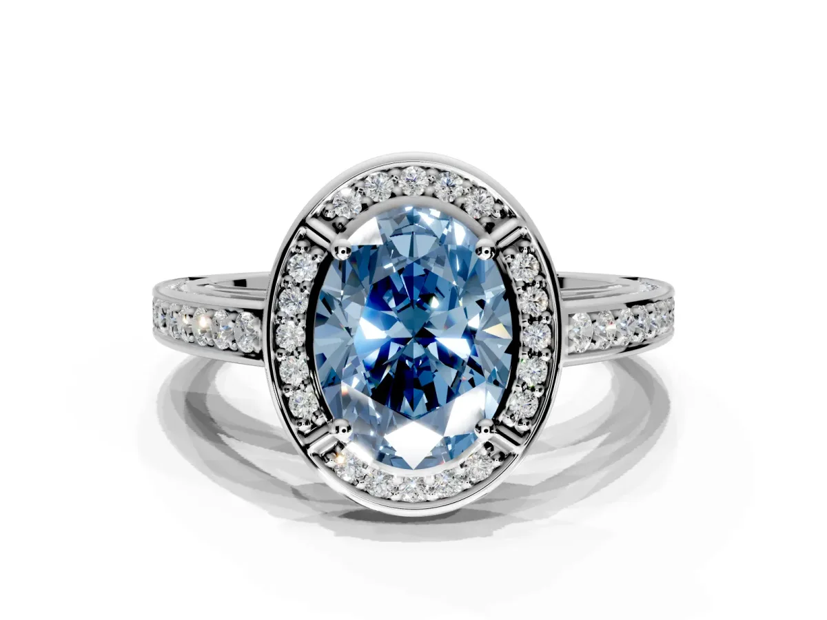Halo Engagement Ring Setting for Fancy Blue Oval Center with Framed Halo, Pave Band and Prong Head in White Gold