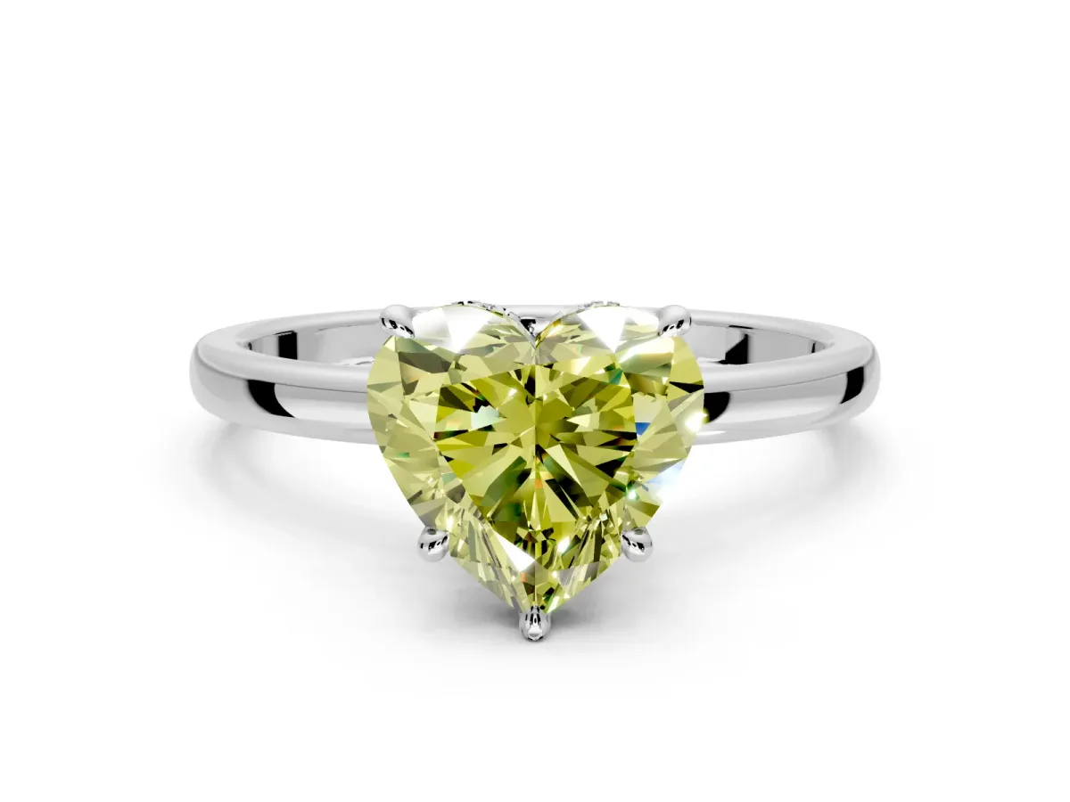 Hidden Halo Engagement Ring Setting for Fancy Yellow Heart-Shaped Center with Plain Band and Tall Prong Head in Sterling Silver
