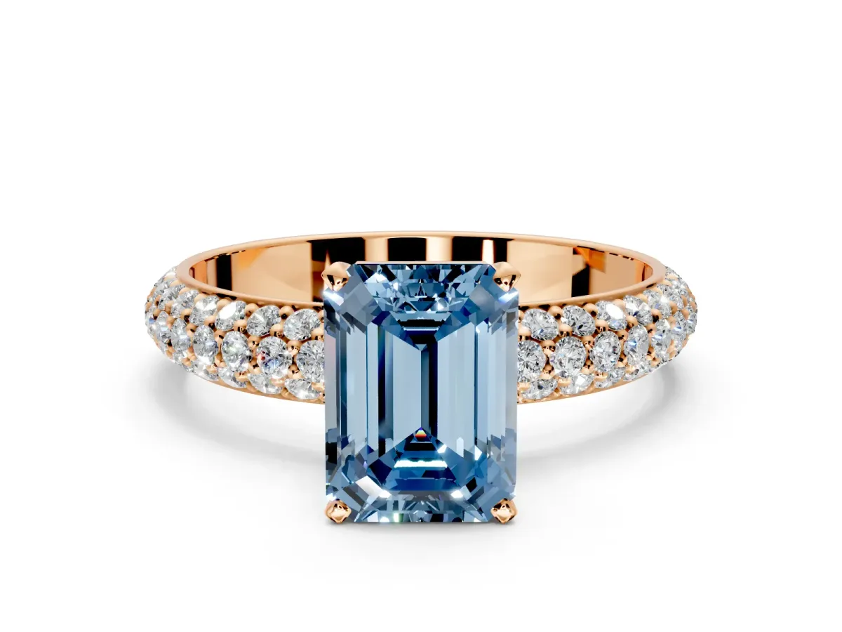 Solitaire Engagement Ring Setting for Fancy Blue Emerald Cut Center with Domed Multi-Row Pave Band and Prong Head in Rose Gold