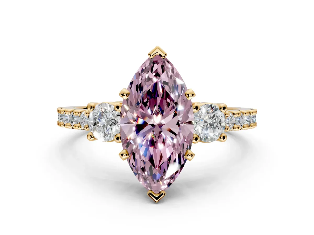 3 Stone Engagement Ring Setting for Fancy Pink Marquise Center with Round Cut Side Accents and Prong Head in Yellow Gold