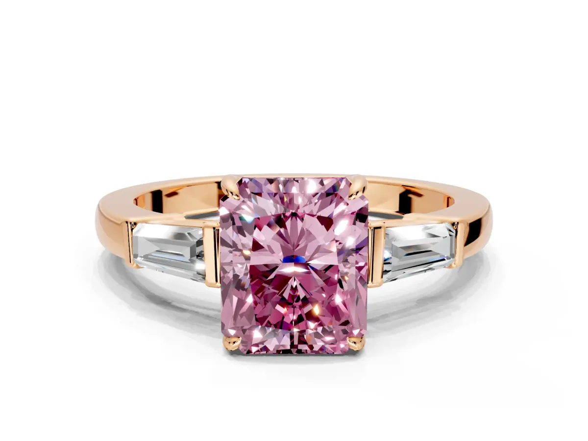 3 Stone Engagement Ring Setting for Fancy Pink Radiant Cut Center with Baguette Accents and Prong Head in Rose Gold