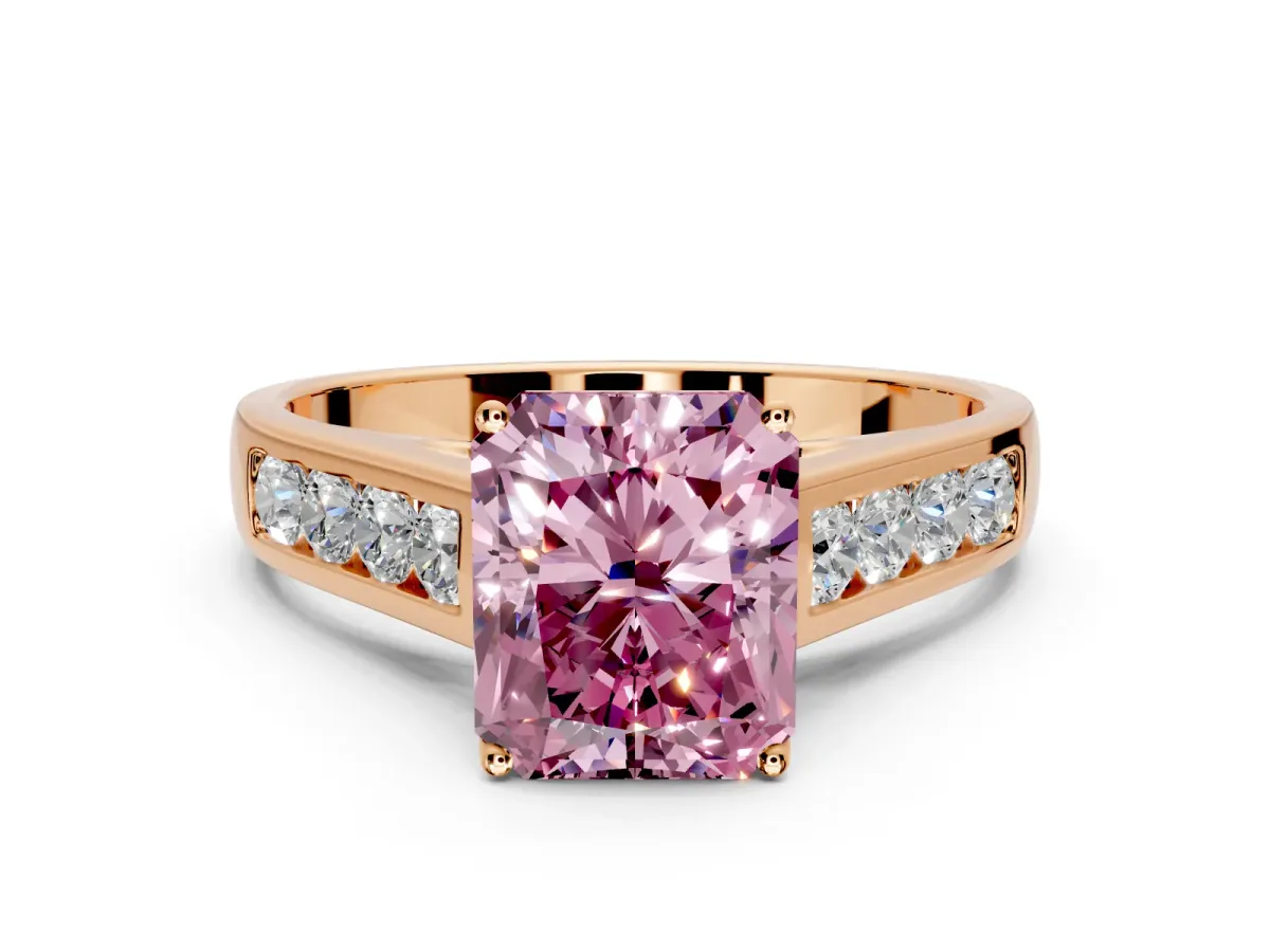 Solitaire Engagement Ring Setting for Fancy Pink Radiant Cut Center with Round Cut Channel Band and Prong Head in Rose Gold