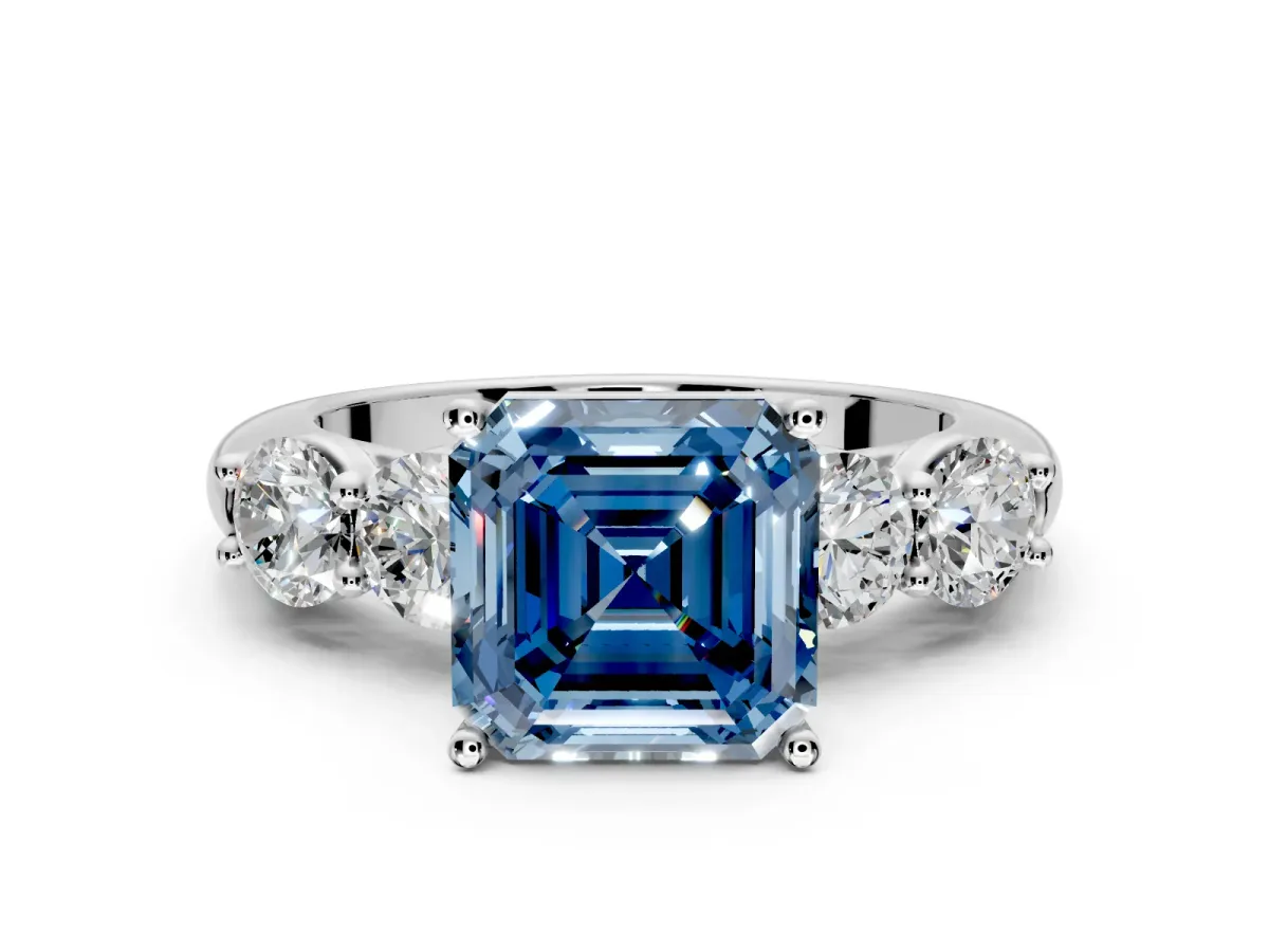 5 Stone Engagement Ring Setting for Fancy Blue Asscher Cut Center with Graduated Accents and Prong Head in Sterling Silver