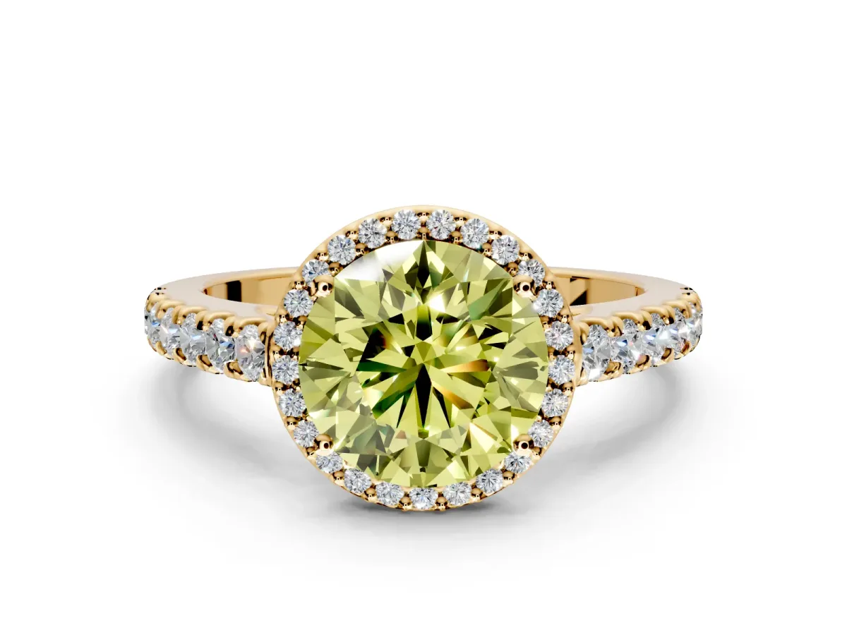 Halo Engagement Ring Setting for Fancy Yellow Round Cut Center with Full Pave Band and Prong Head in Yellow Gold