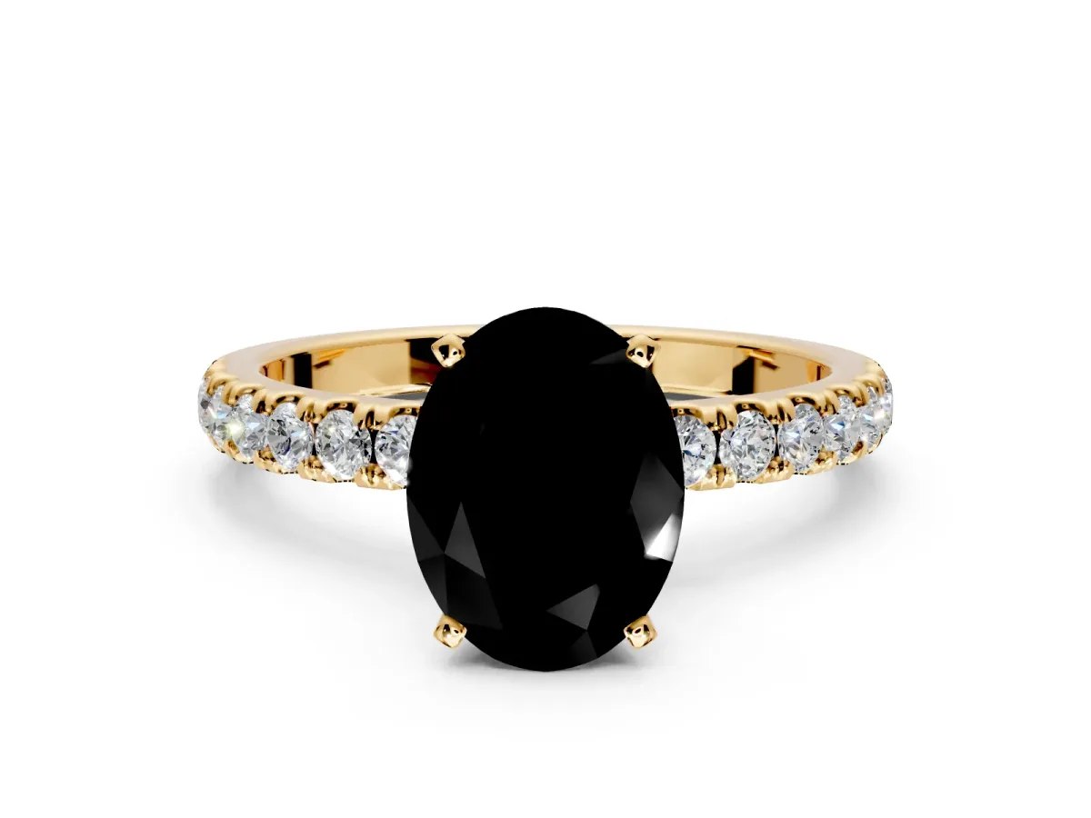Open Basket Engagement Ring Setting for Fancy Black Oval Center with Pave Band and Prong Head in Yellow Gold