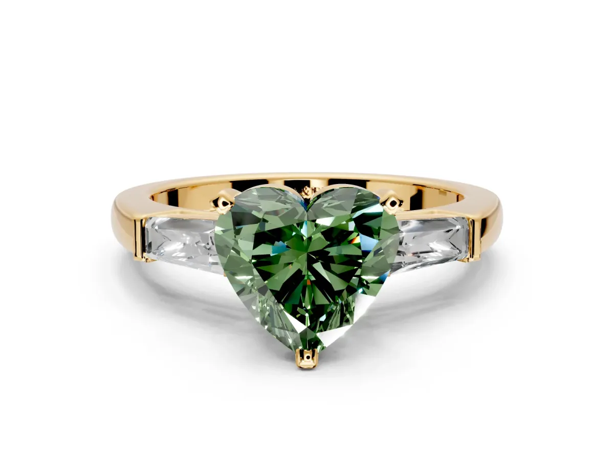 3 Stone Engagement Ring Setting for Fancy Green Heart-Shaped Center with Tapered Baguettes, Plain Band and Prong Head in Yellow Gold