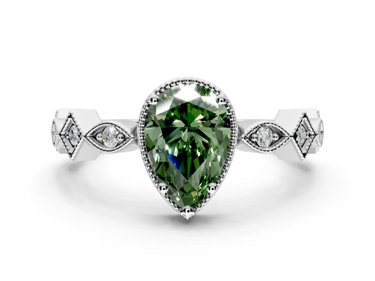 Milgrain Bezel Engagement Ring Setting for Fancy Green Pear-Shaped Center with Marquise Stations and Bezel Head in Platinum