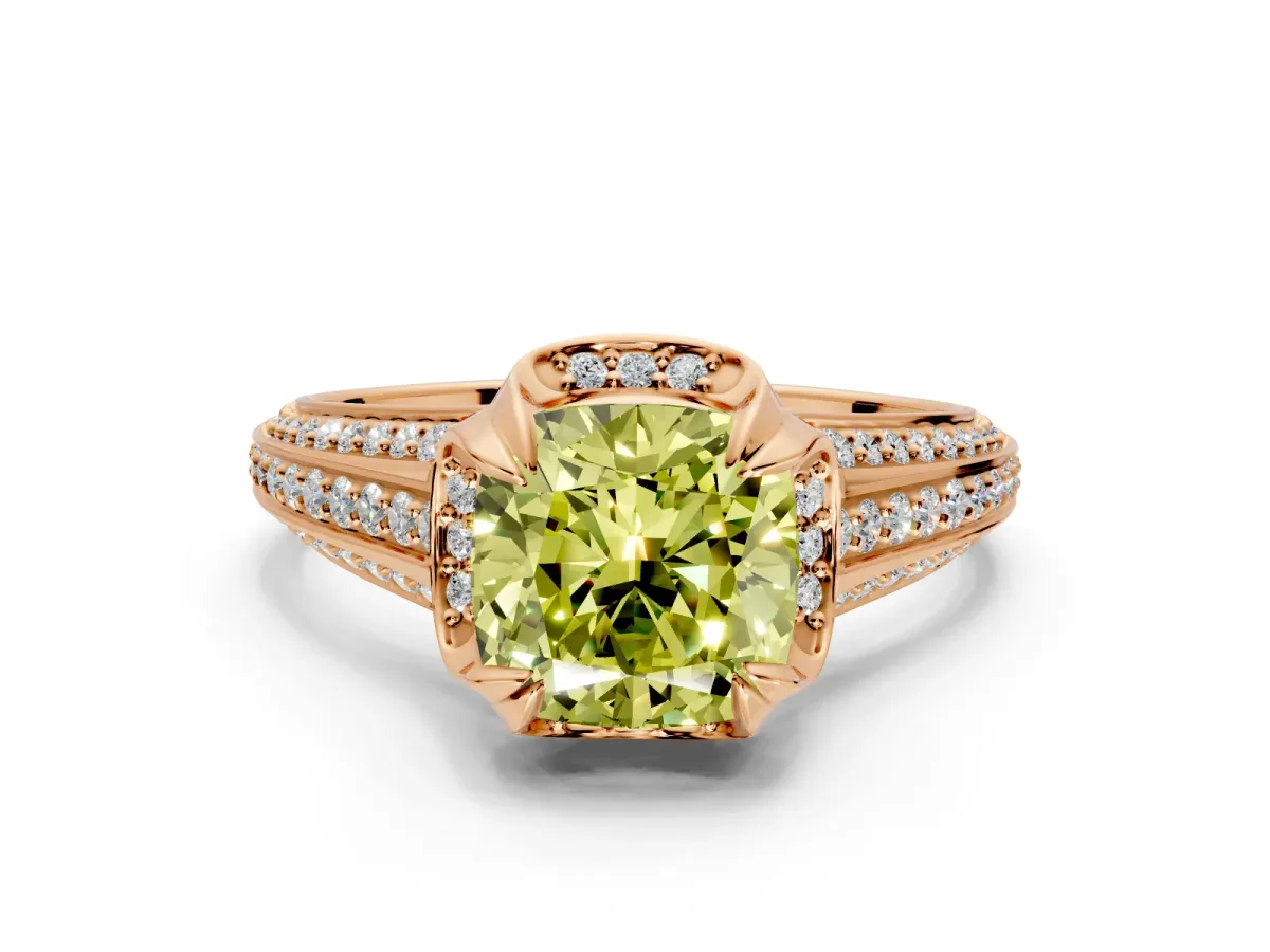 Solitaire Engagement Ring Setting for Fancy Yellow Cushion Cut Center with Accented Split Shank and Prong Head in Rose Gold