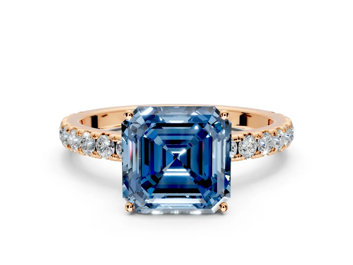 Solitaire Engagement Ring Setting for Fancy Blue Asscher Cut Center with Large Accent Band and Prong Head in Rose Gold