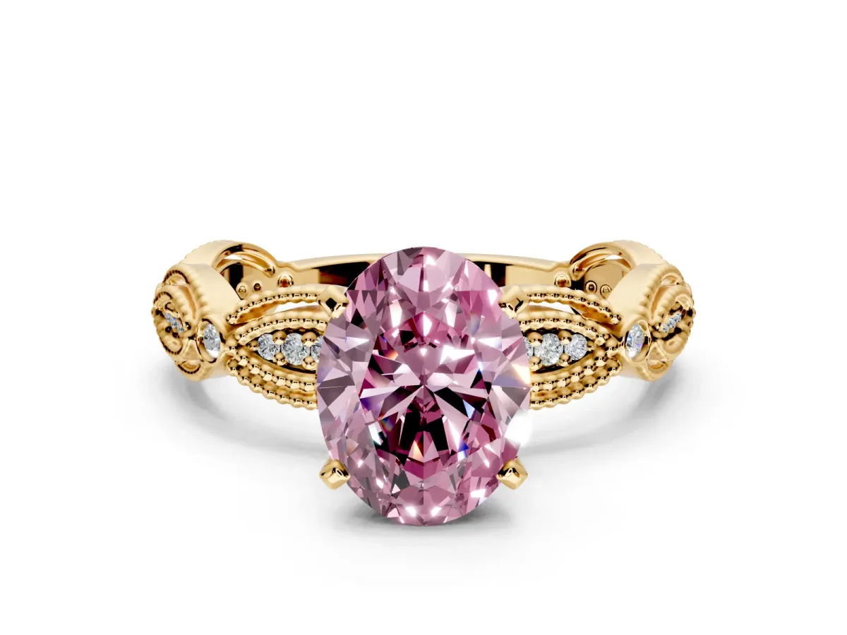 Solitaire Engagement Ring Setting for Fancy Pink Oval Center with Marquise Panel Band and Prong Head in Yellow Gold
