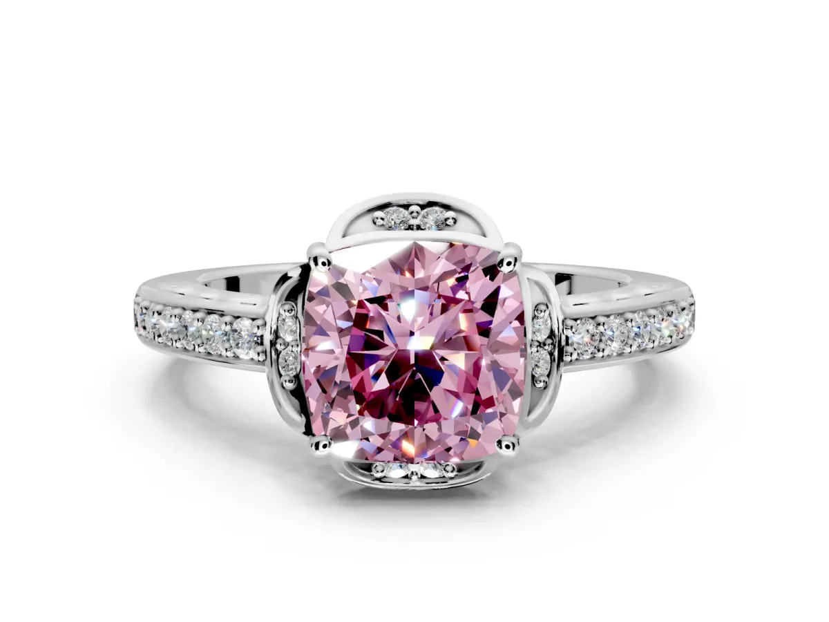 Floral Engagement Ring Setting for Fancy Pink Cushion Cut Center with Four Accent Clusters and Prong Head in Platinum