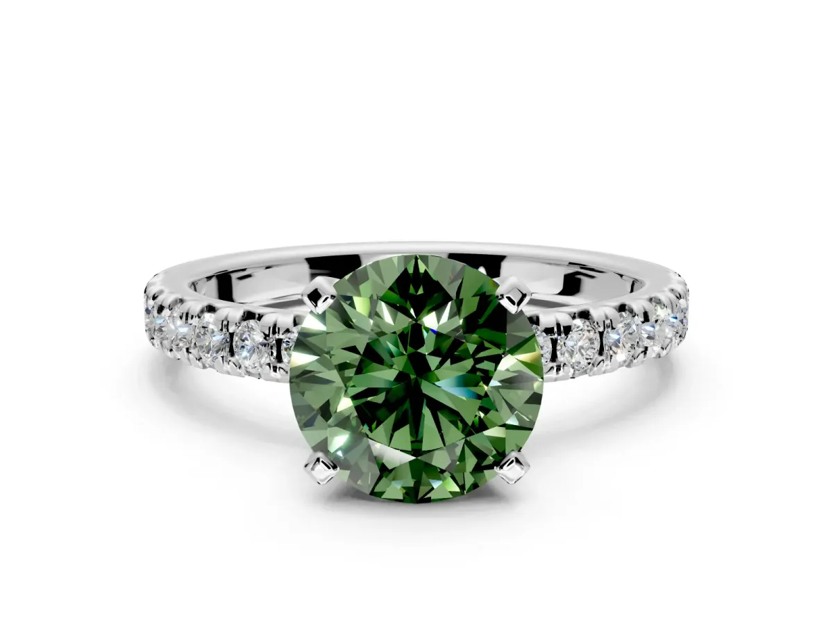 Solitaire Engagement Ring Setting for Fancy Green Round Cut Center with Large Accents and Prong Head in White Gold