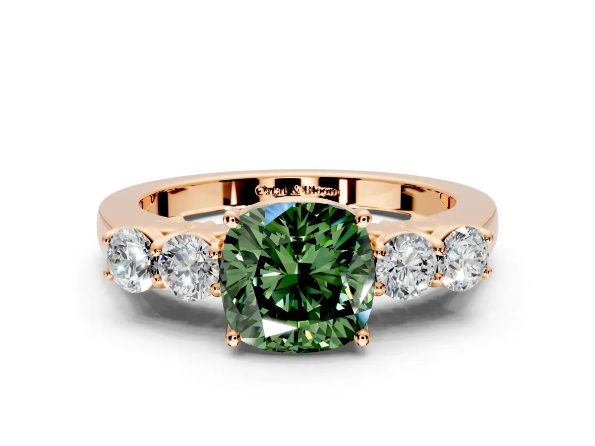 5 Stone Engagement Ring Setting for Fancy Green Cushion Cut Center with Equal Close-Set Accents and Prong Head in Rose Gold
