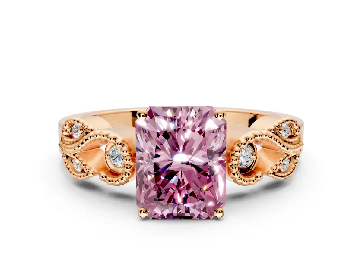 Leaf Engagement Ring Setting for Fancy Pink Princess Cut Center with Milgrain Accent Band and Prong Head in Rose Gold