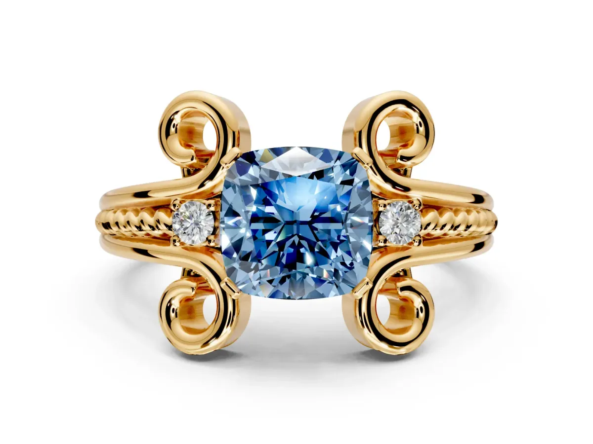 Solitaire Engagement Ring Setting for Fancy Blue Cushion Cut Center with Twisted Band and Scroll Prong Head in Yellow Gold