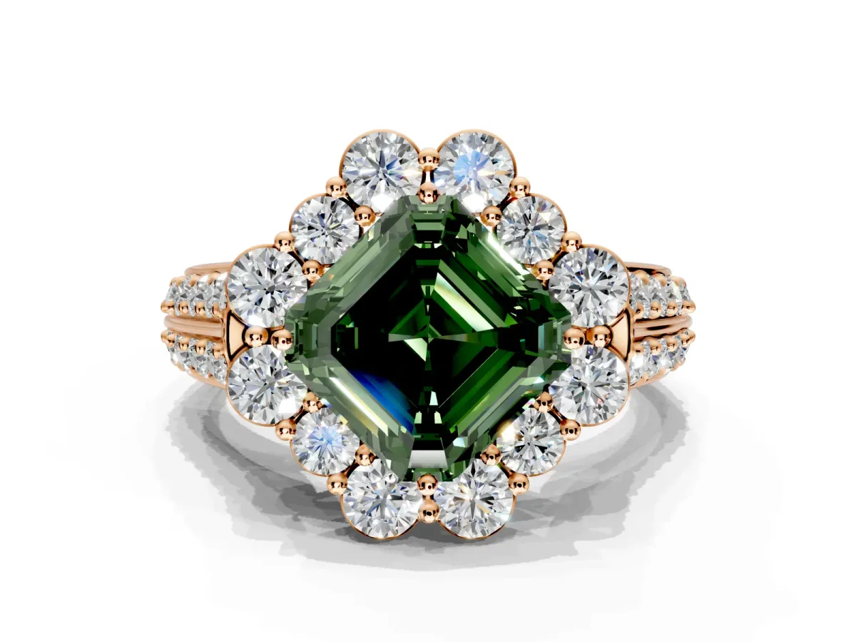 Large Accent Halo Engagement Ring Setting for Fancy Green Asscher Cut Center with Pave Split Shank and Prong Head in Rose Gold