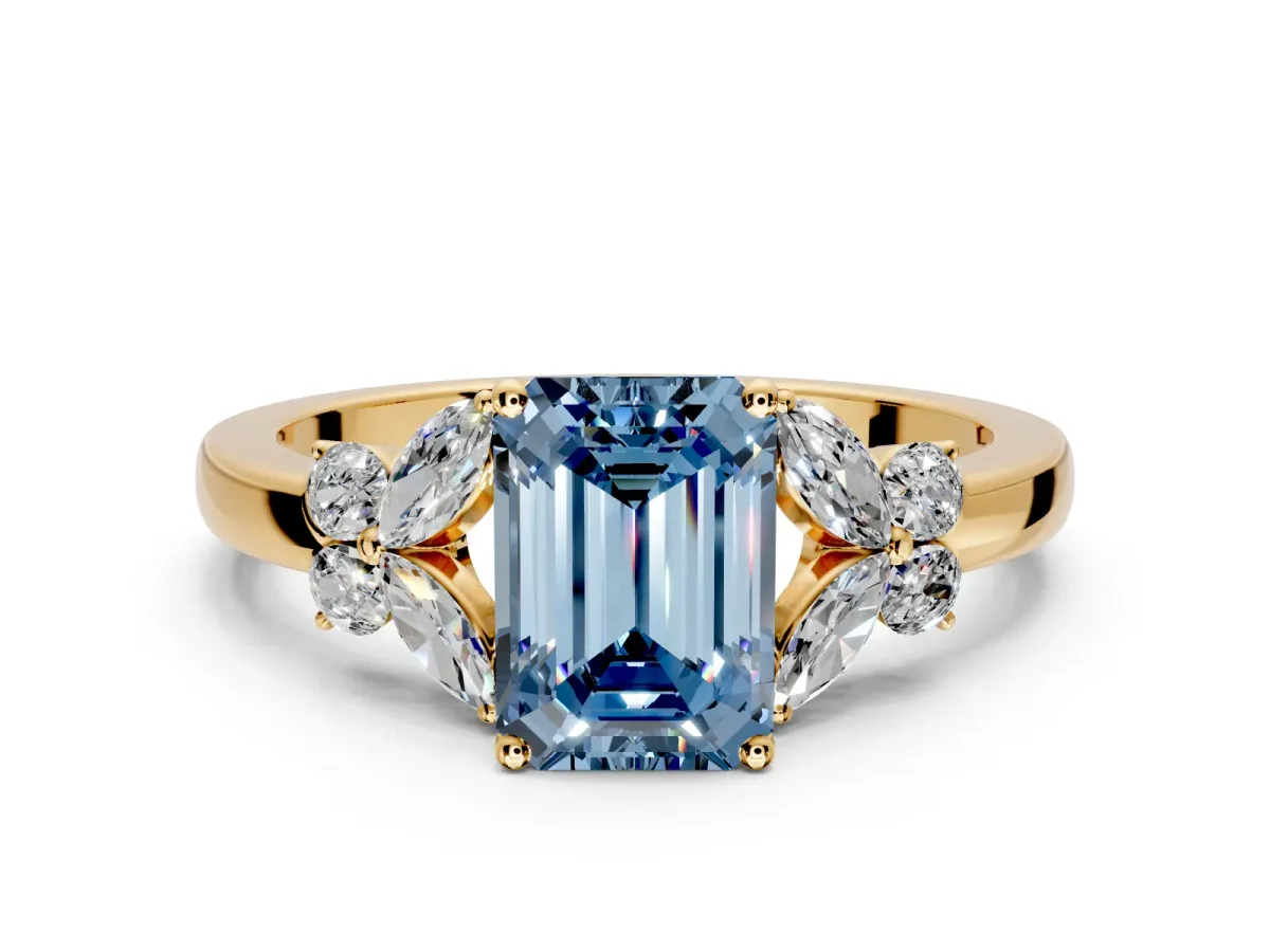 Solitaire Engagement Ring Setting for Fancy Blue Emerald Cut Center with Marquise Flower Shoulders and Prong Head in Yellow Gold
