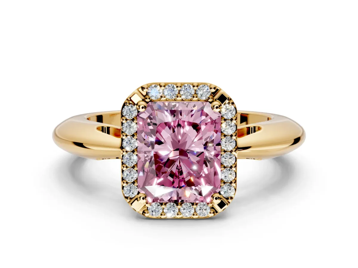 Halo Engagement Ring Setting for Fancy Pink Radiant Cut Center with Tapered Plain Band and Prong Head in Yellow Gold