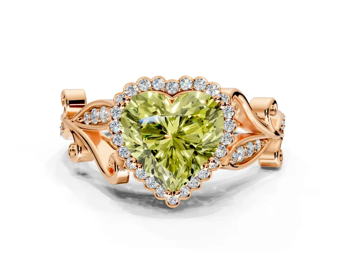Halo Engagement Ring Setting for Fancy Yellow Heart-Shaped Center with Leaf Motif Split Shank and Prong Head in Rose Gold