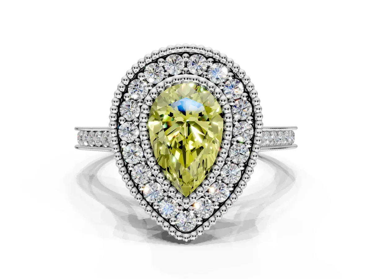 Halo Engagement Ring Setting for Fancy Yellow Pear-Shaped Center with Milgrain Frame, Pave Band and Prong Head in Platinum