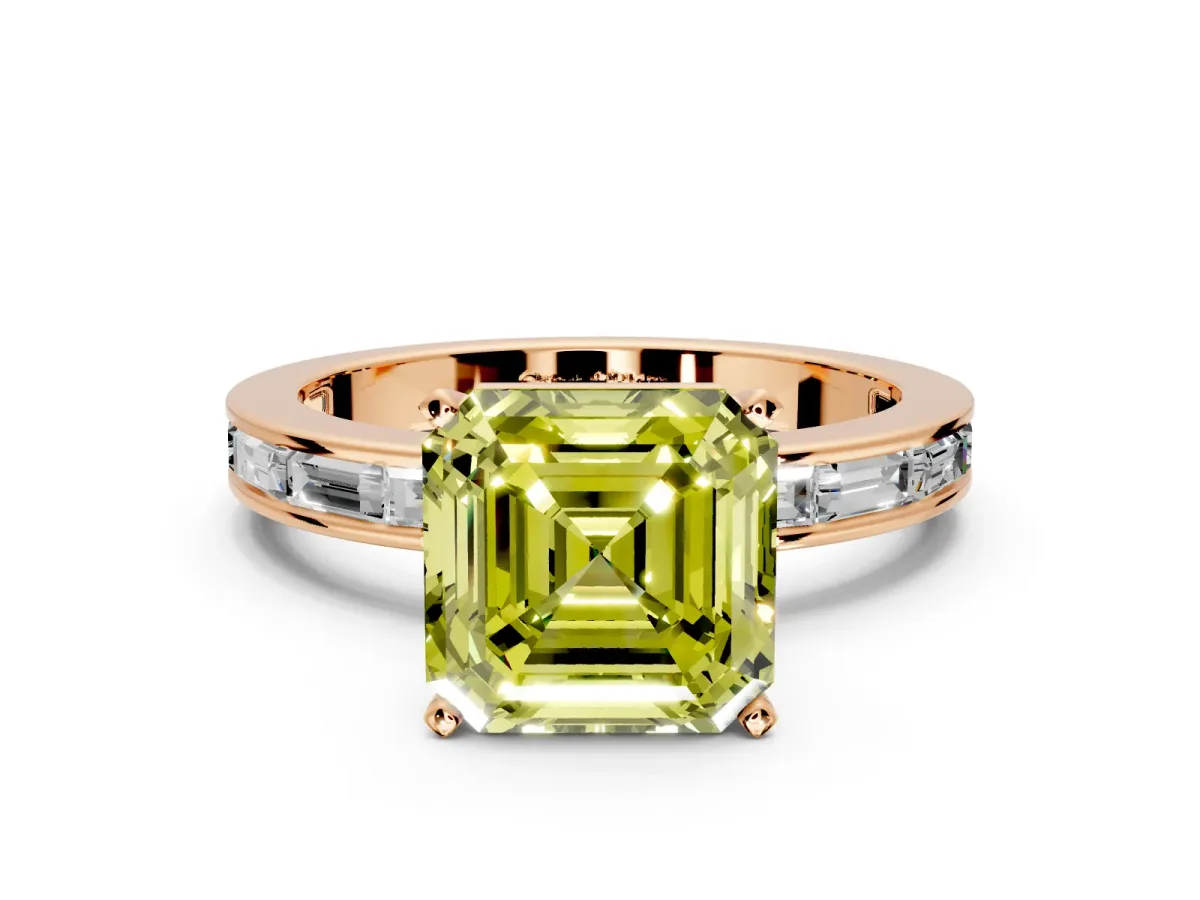 Solitaire Engagement Ring Setting for Fancy Yellow Asscher Cut Center with Channel Baguette Band and Prong Head in Rose Gold