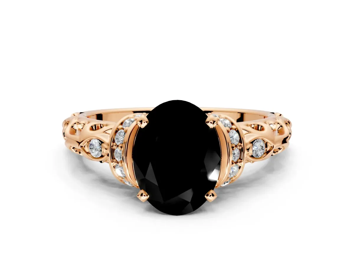 Solitaire Engagement Ring Setting for Fancy Black Oval Center with Filigree Band and Prong Head in Rose Gold